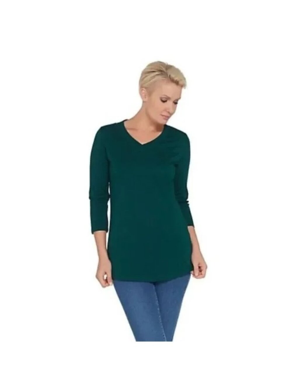 Isaac Mizrahi Live Tunic XS Essentials Pima Cotton 3/4 Sleeve Dark Emerald NEW